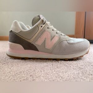 New Balance 574 in light green and pink with gum sole